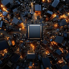 Poster - A computer chip is surrounded by a cityscape