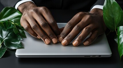 Fototapete - A man is typing on a laptop with his hands on the keyboard