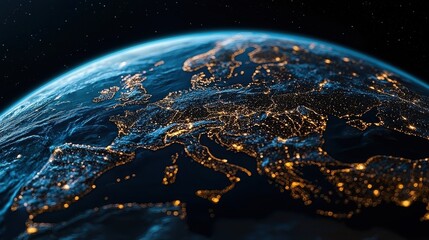 Poster - A close up of the Earth at night with the lights of Europe shining brightly