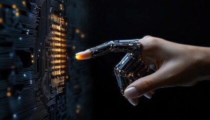 Leinwandbilder - A hand is pointing at a computer screen with a black background