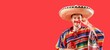 © Pixel-Shot - Young Mexican man with chili pepper on red background with space for text