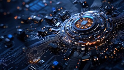 Aufkleber - A computer chip with a blue background and a yellow circle in the middle
