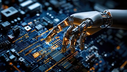 Aufkleber - A robot's hand is touching a computer chip
