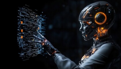 Leinwandbilder - A woman in a robot suit is touching a screen with her hand