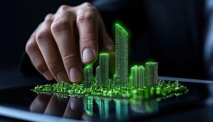 Poster - A hand is touching a tablet with a green city on it