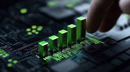 Poster - A hand is pointing at a green bar graph on a black background