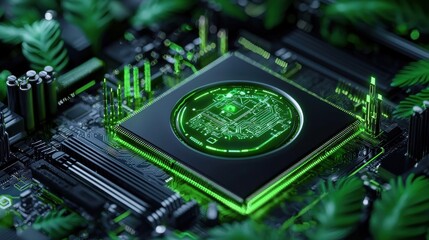 Leinwandbilder - A green computer chip with a green leaf on it