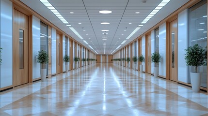 Poster - A long hallway with white walls and wooden doors