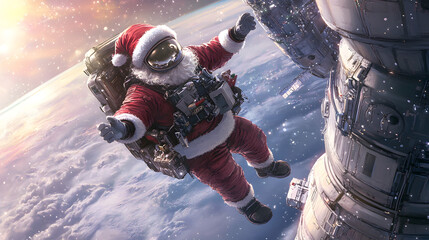 a santa claus with an astronaut suit, delivering gifts to a space station on christmas eve.