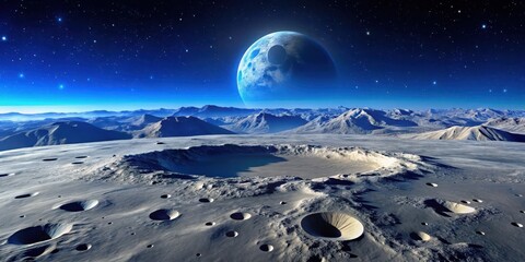 A stunning visual representation of the lunar surface with craters, mountains and a vast, barren expanse, set against a deep blue sky