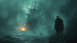 A zombie pirate captain, with rotting skin and glowing eyes, standing on the deck of a haunted pirate ship