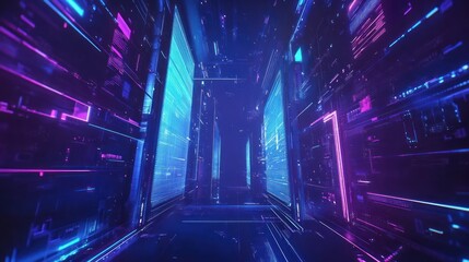 Abstract digital futuristic space with glowing neon lines and geometrical patterns