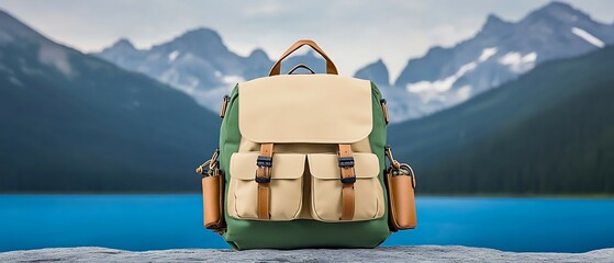 Wall Mural - A rugged backpack sits on a rock by a serene lake, with mountains in the background, ideal for outdoor adventures. minimalist outdoor adventure gear