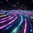 © DDargon - A vibrant, cosmic scene featuring flowing lines of colorful light against a starry background, evoking a sense of movement and depth in space.
