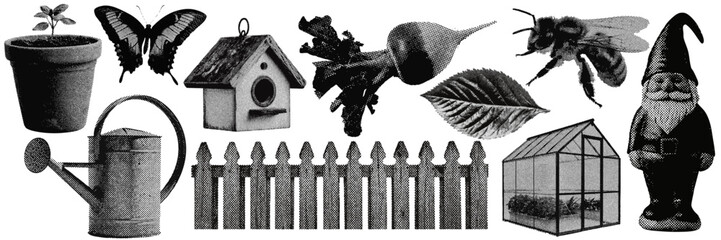 Wall Mural - set of gardening and nature halftone grunge vector design elements