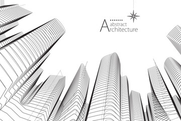 Aufkleber - 3D illustration of an abstract concept showcasing imaginative architectural perspective line drawings of buildings.