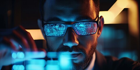 Fototapete - A focused man observing glowing data on glasses while analyzing information in a dark room, showcasing dedication to technology and cybersecurity analysis