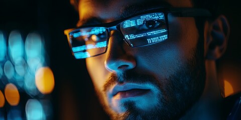 Fototapete - A focused man observing glowing data on glasses while analyzing information in a dark room, showcasing dedication to technology and cybersecurity analysis