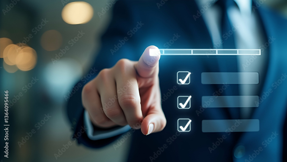Loading With Tick Ilustrace Businessman tapping tick mark on checklist with progressive ...