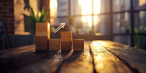 Poster - Growth and Success Concept with Wooden Blocks and Rising Graphical Arrow on a Wooden Table, Representing Increasing Business Performance and Progress