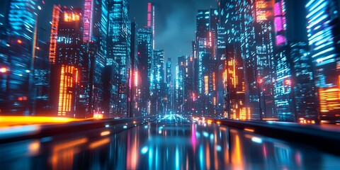 Aufkleber - Futuristic digital cityscape with glowing neon lights and high-tech data visualization in a vibrant urban environment at night