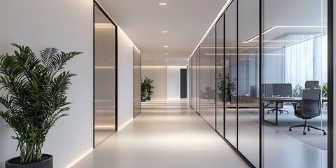 Aufkleber - Modern Office Corridor with LED Lighting and Glass Doors, Creating a Sleek and Innovative Workspace Atmosphere for Business Professionals