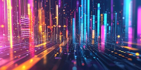 Poster - Abstract colorful data visualization with glowing lines, bars, and dots representing digital growth, technology, and analytics on a dark background