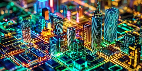 Leinwandbilder - Abstract futuristic cityscape with vibrant neon lights and glowing skyscrapers creating a high-tech digital environment in a visual representation of urban life
