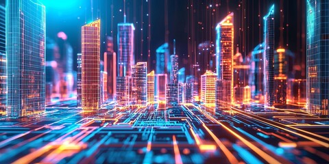 Leinwandbilder - Abstract futuristic cityscape with vibrant neon lights and glowing skyscrapers creating a high-tech digital environment in a visual representation of urban life