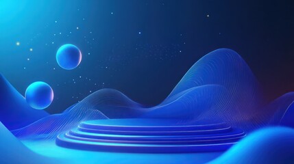 Abstract blue background with spheres and a podium in the foreground, with a dynamic line pattern