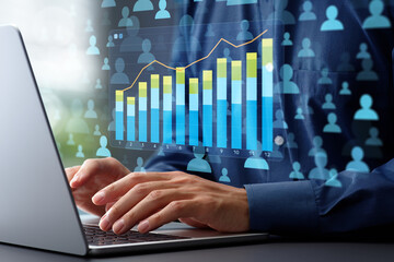 Poster - Web analytics and statistical marketing strategy. Page view and conversion rate graph and customer icons. Analyst using laptop computer to analyze data.
