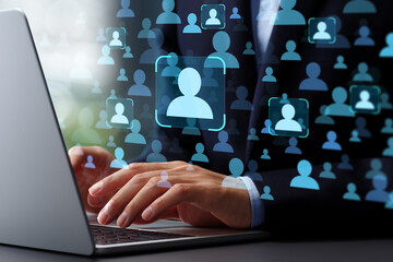 Aufkleber - Customer big data analytics and marketing strategy. Target audience and market analysis. Analyst using laptop computer to analyze customer data.