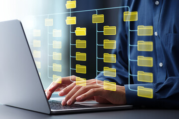 Fototapete - Folder hierarchy structure and document management system DMS. Businessman using laptop computer for saving and classifying files.
