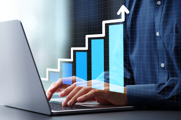 Leinwandbilder - Growth graph and step up arrow. Business growth strategy and technological solutions. Businessman using laptop computer to manage business operations.