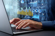 © tadamichi - Customer data analytics and statistical marketing strategy. Graphs and customer database icons. Analyst using laptop computer to analyze data.