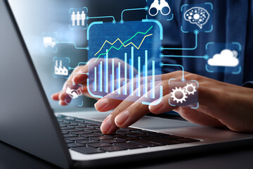 Aufkleber - Business intelligence and data-driven management strategy. Data analytics and key performance indicators KPI. Manager using laptop computer to analyze data.