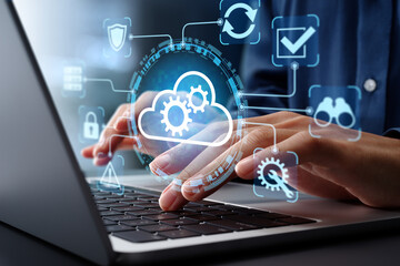 Wall Mural - cloud automation and management systems. businessman using laptop computer for cloud computing.