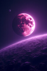 Wall Mural - celestial lunar eclipse occurring over an alien planet, with glowing craters and  a rich colorpalette of purples