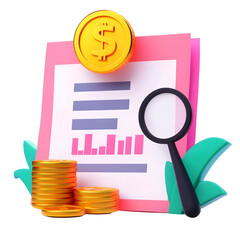 Aufkleber - A detailed financial document displaying data charts statistics and stacks of golden coins representing financial tracking accounting and investment management