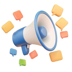 Poster - A sleek and modern digital icon featuring a blue and white megaphone with vibrant speech bubbles in a minimalistic structured design