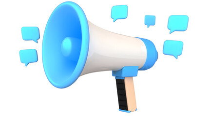 Aufkleber - 3D of a contemporary blue and white megaphone with multiple glowing speech bubbles dynamically floating around symbolizing digital messaging communication and social engagement