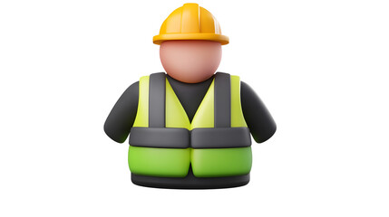 Poster - 3D render of a stylized minimalist icon depicting a construction worker wearing a yellow safety vest and hard hat against a clean white transparent background