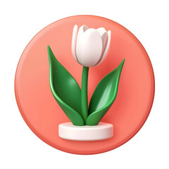 Poster - A clean modern 3D rendered icon of a white tulip flower with green leaves designed for minimalist web and user interface applications