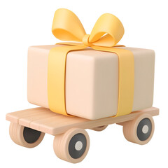 Poster - Beige gift box with a yellow ribbon neatly wrapped and transported on a simple wooden cart with wheels