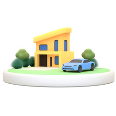 Poster - A small contemporary house with a minimalist structured design and a sleek blue car parked in the driveway set against a simple green landscape