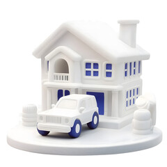 Fototapete - A sleek minimalist 3D rendering of a white two story home with blue accents and a small vehicle parked in the driveway set against a clean transparent background
