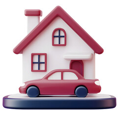 Aufkleber - Minimalist 3D icon featuring a simple yet elegant red house structure with a parked car designed for clean and balanced website or app UI composition