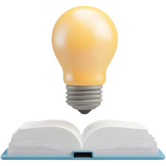 Poster - A minimalist and elegantly designed 3D render depicting an open book with a floating illuminated light bulb representing the concepts of creativity intelligence and the acquisition of knowledge