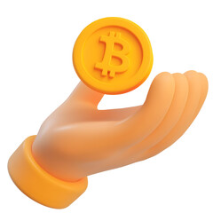 Poster - Minimalistic 3D render of an open hand holding a floating Bitcoin cryptocurrency coin symbolizing finance investment and the digital future of money