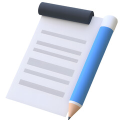 Poster - Close up 3D render of a minimalistic document icon featuring a structured paper sheet with evenly spaced text lines and a sleek diagonal pencil